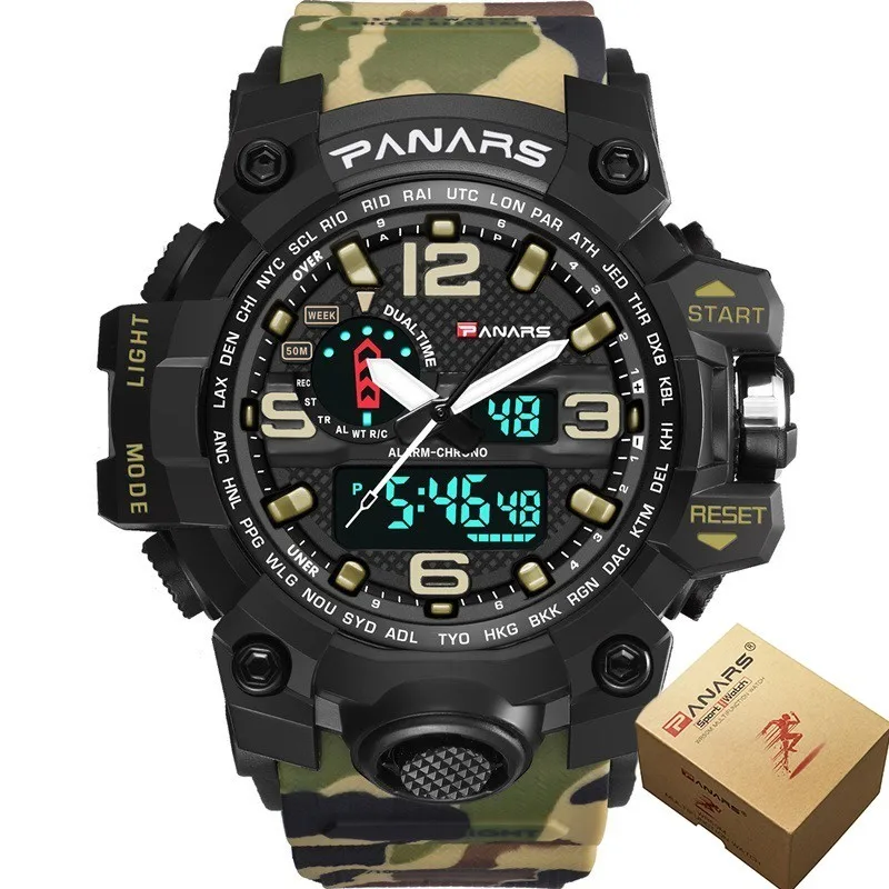 Desert camo and box PANARS камуфляжные военные спортивные часы для мужчин, аналоговые Мужские часы, цифровые водонепроницаемые часы, мужские s светодиодный наручные часы с секундомером - Цвет: Desert camo and box