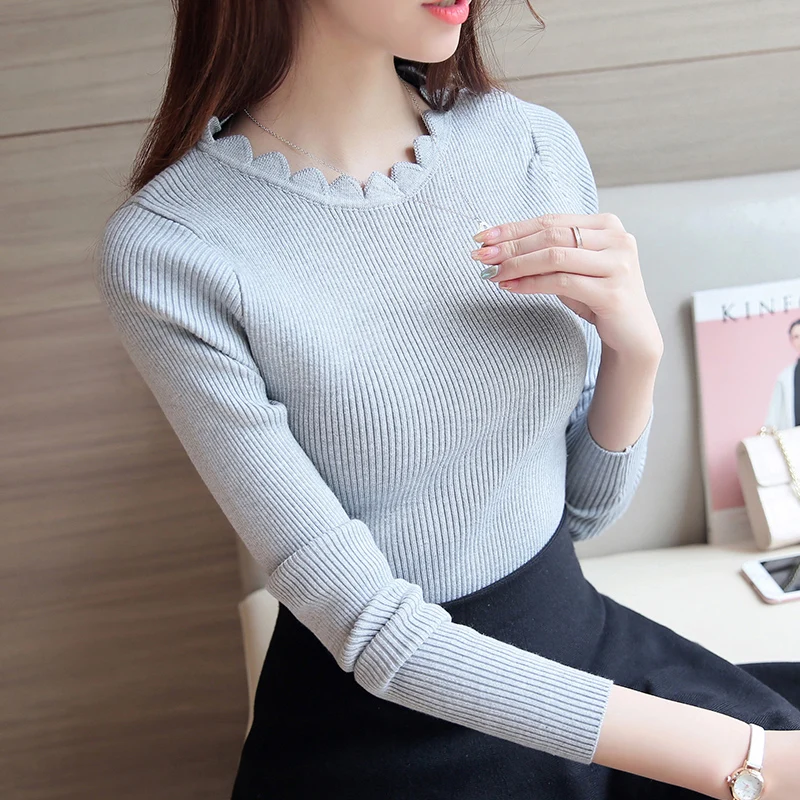 

Короткий свитер, брендовый Модный облегающий пуловер с оборками и лепестками на шее, эластичный базовый трикотаж, женские пуловеры и свитер...