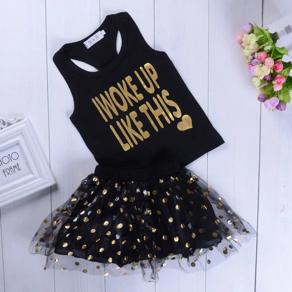 Baby Girls Clothing Suit Sleeveless Woke Up Print Black Tops Vest Ruched Ruffle Skirt 2pcs Bebe Clothes Sets | Мать и ребенок