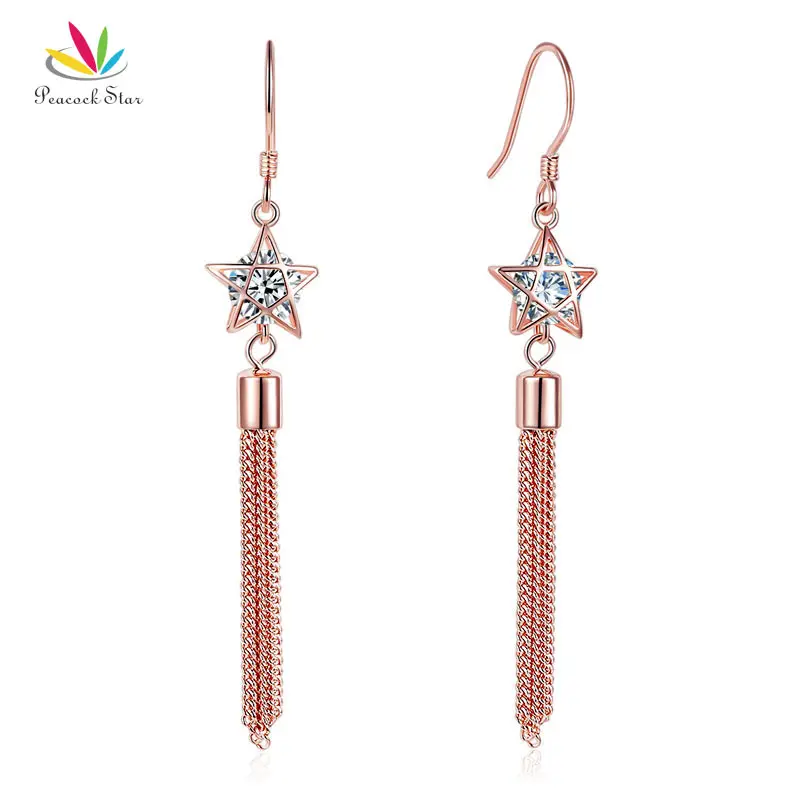 Peacock Star Solid 925 Sterling Silver Dangle Drop Hook Earrings Rose Gold Color Jewelry CFE8144 | Украшения и аксессуары