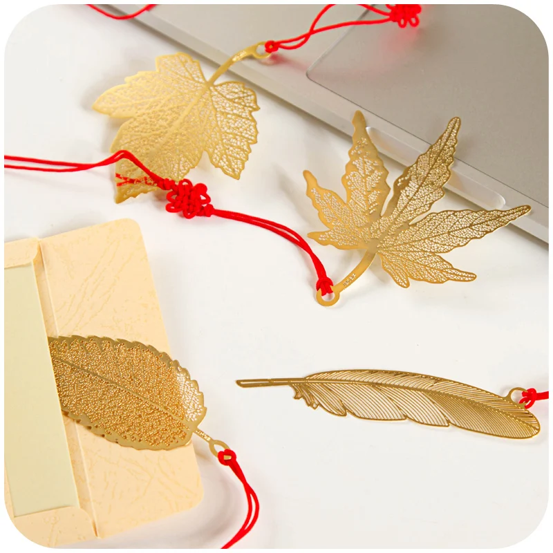 new cute Chinese style metal bookmarks mulberry leaf golden maple leaves feather parasol bookmark | Канцтовары для офиса и