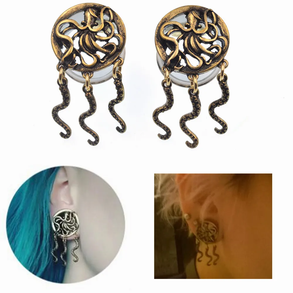 

BODY PUNK Octopus Design Ear Plugs Hollow Expander Stretcher Plugs And Tunnels 6-25mm Helix Piercing Jewelry alargador de orelha