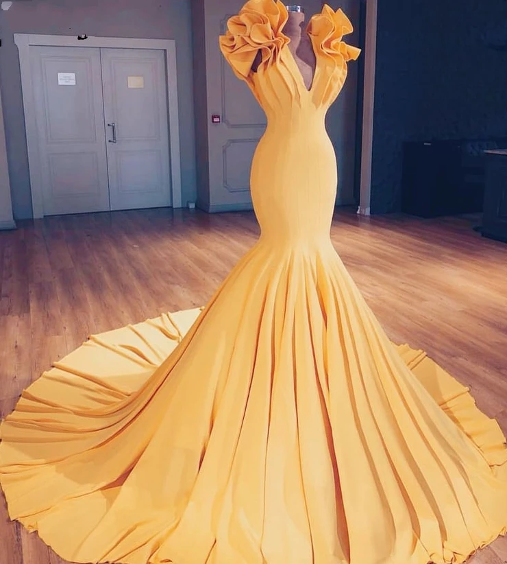 

2020 Saudi Arabic Gold Mermaid Evening Gowns Special Long Prom Party Gowns Ruffles Flowers Abiye Elastic Long Maxi Dresses