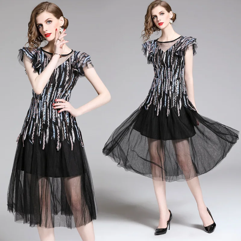 LISER женское летнее платье средней длины 2019 роскошное черное с пайетками вырезами