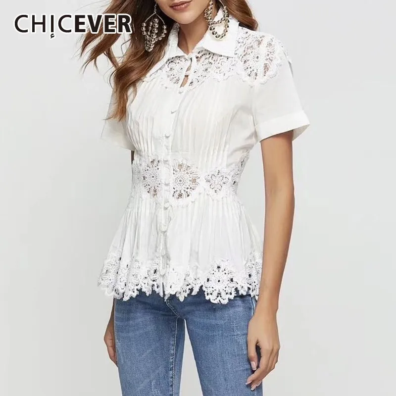 CHICEVER, Однотонная рубашка для женщин, воротник с лацканами, короткий рукав, тонкая блуза на пуговицах, топ, женская мода, новинка, Корея, лето