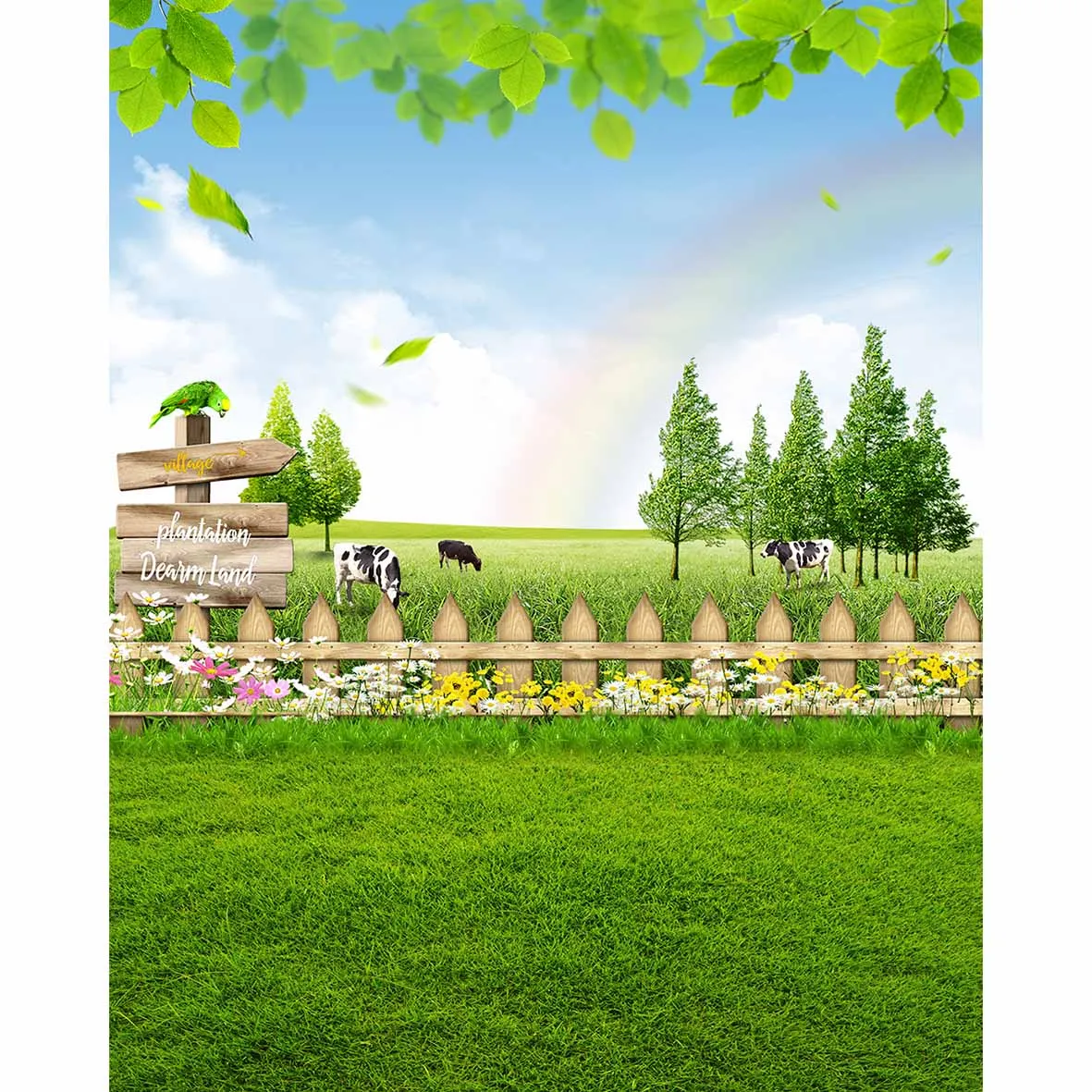 Фон Funnytree для фотосъемки Весенняя трава корова цветок дерево листья Радуга ферма