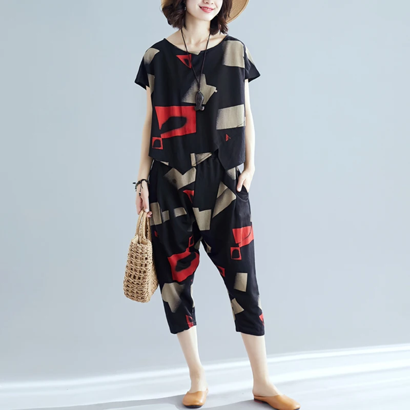 Женские свободные комплекты из хлопка и льна топ с коротким рукавом принтом