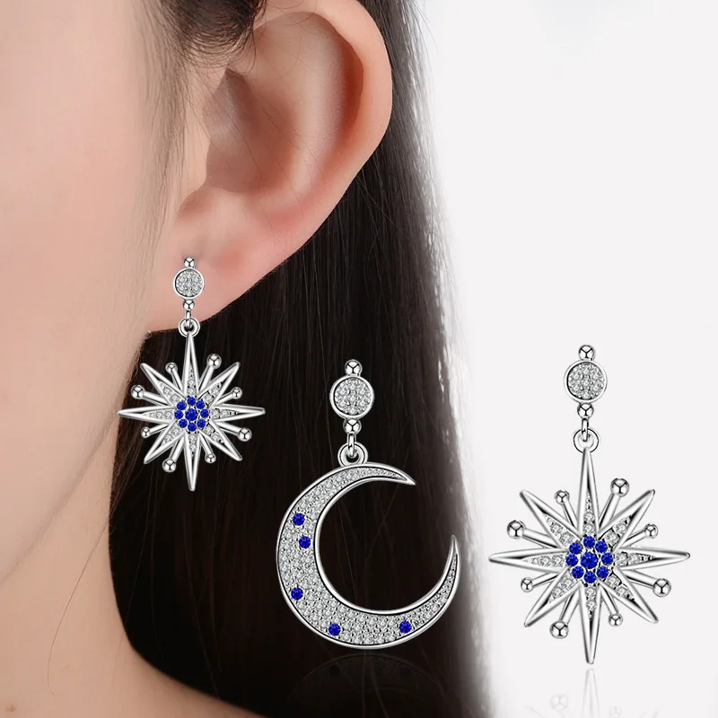 Copper CZ Star Moon Girls Asymmetric Drop Earrings New design personality lovely Charm Fashion Anti allergy Jewelry Accessory | Украшения и