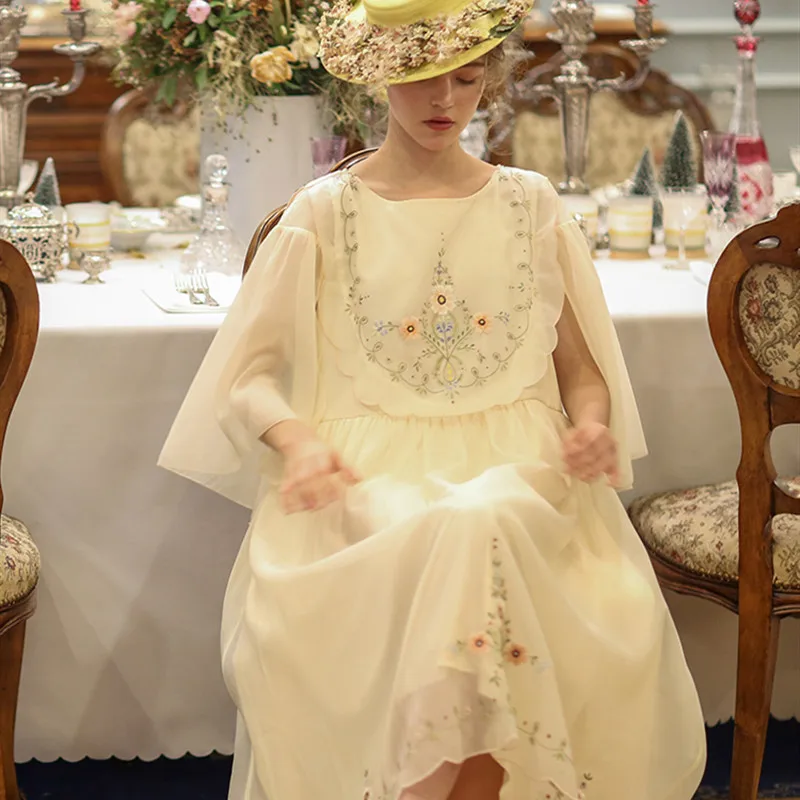春夏originaldesign女性ヴィンテージ限定版アンティークハンドメイド絶妙な刺繍フレンチレトロ森ガールドレス