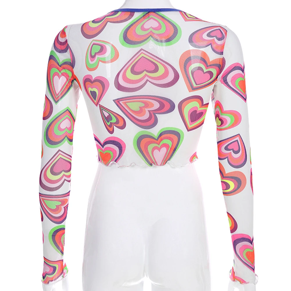 Кроп футболка в сеточку с принтом сердца Прозрачная Сексуальная женская длинным