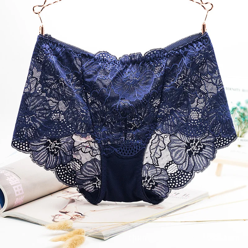 Navy Blue Женские Бесшовные Трусики с высокой талией, сексуальное кружевное дамское нижнее белье, мягкое дышащее нижнее белье, хлопковое нижнее белье, трусы для женщин - Цвет: Navy Blue