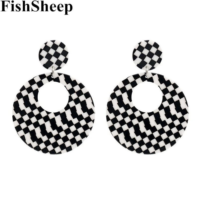 FishSheep преувеличенные черно-белые полосатые Акриловые серьги панковские геометрические мозаичные круглые квадратные длинные висячие серьги вечерние
