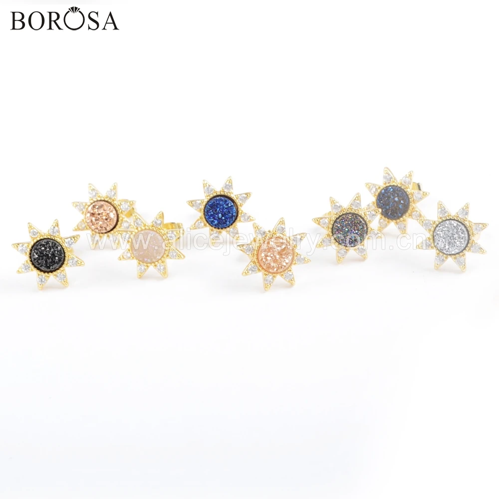 

BOROSA 5Pairs Star Gold Bezel CZ Micro Paved 7mm Round Rainbow Druzy Stud Earring Natural Agates Drusy Earrings Jewelry ZG0383