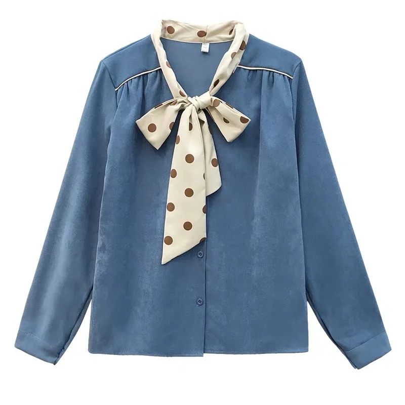 

Возможно, U женская синяя рубашка в горошек с бантом и длинными рукавами в стиле пэчворк, уличный топ на осень, B0234