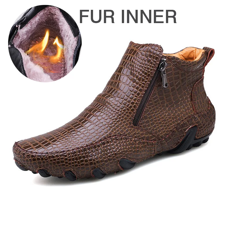 Mens Boots Winter New British Style Fashion Boot Shoes For Men Casual Boots Slip-On Design Ankle Boots - Цвет: Brown-Fur inner