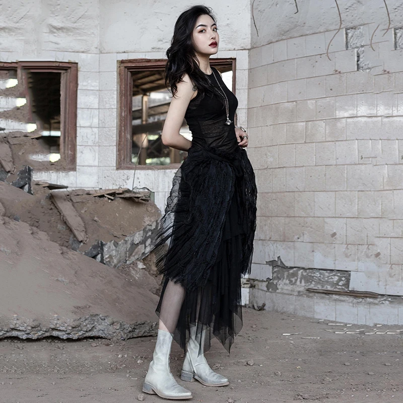 [EAM] New Spring Summer Round Neck Sleeveless Mesh Stitching Pleated Thin Temperament Loose Dress Women Fashion Tide JX723