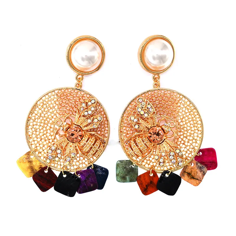 

New Elegant long crystal bee temperament pearl big circle exaggerated Drop Earrings for women Party jewelry