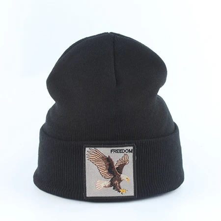 eagle black Новая модная мужская шапка с вышивкой в виде животного волка, зимние шапки, вязаные шапки для мужчин, уличная одежда в стиле хип-хоп, шапка Skullies - Цвет: eagle black