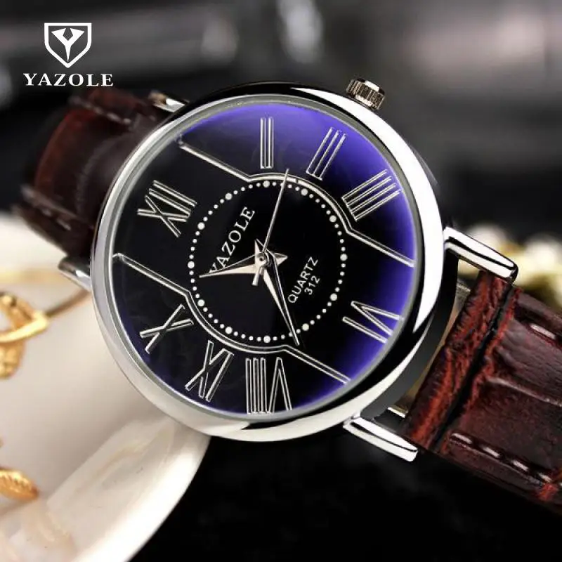 Классические часы от бренда yazole Rome с круглым циферблатом и кожаным кварцевым