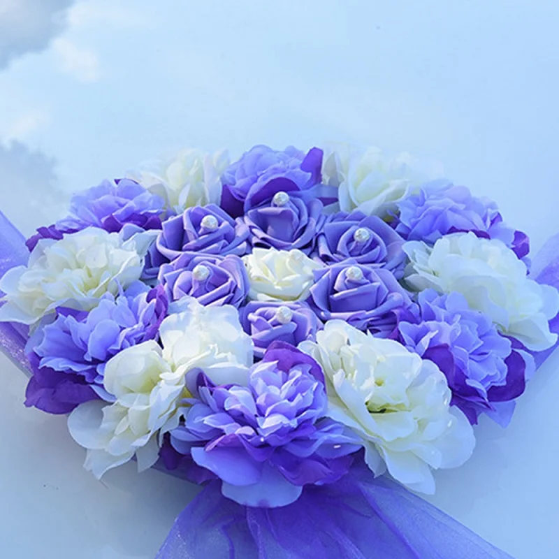 Purple Красивые свадебные автомобиль цветок украшения комплект набор искусственного шелка Цветок ленты луки DIY свадебный автомобиль поставки 3 цвета - Цвет: Purple