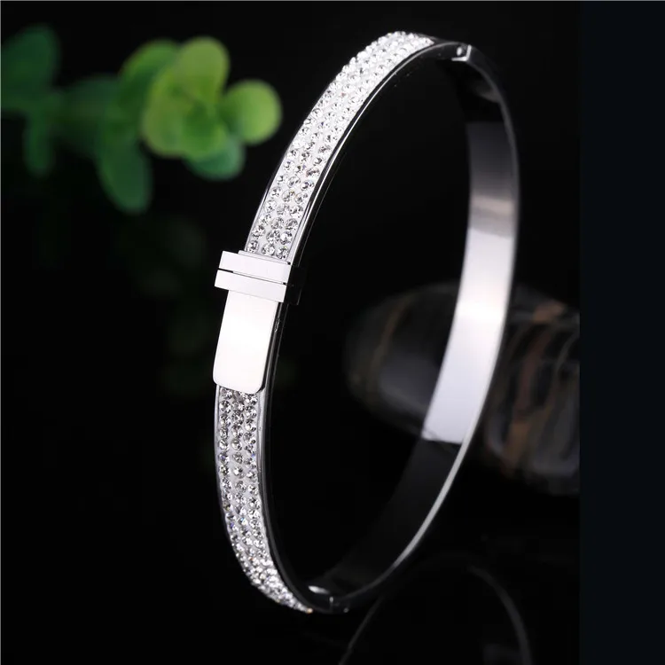Silver Steel Лидер продаж, женские браслеты, кристаллы, пряжка, открытые манжеты, нержавеющая сталь, золото, розовое золото, Роскошные, известный бренд, лучшие ювелирные изделия - Окраска металла: Silver Steel