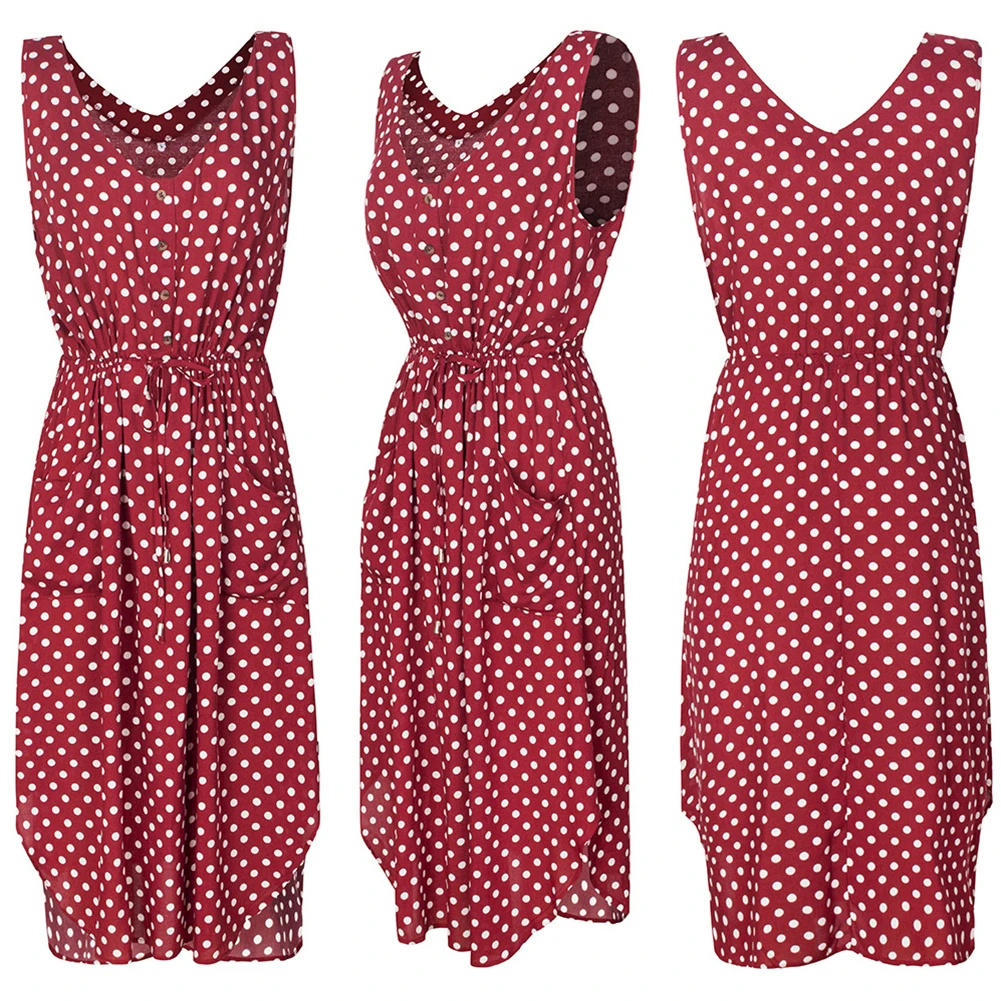 Женское винтажное платье в горошек без рукавов с v-образным вырезом повседневное