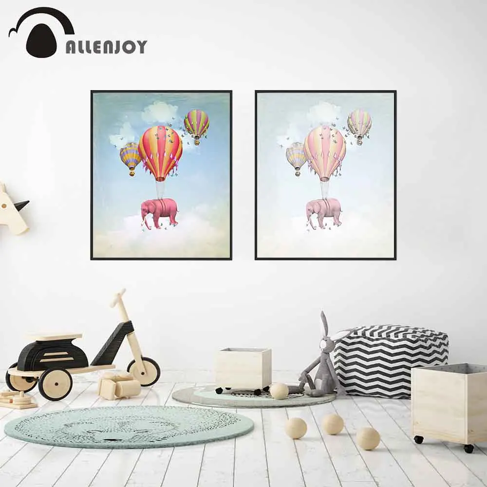Allenjoy Детские плакаты Красочные Слон шары бабочки небо Холст Картина Смешные