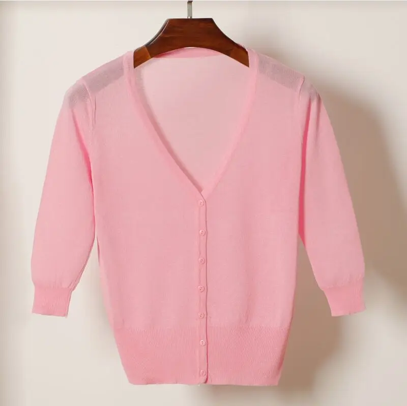 pink Размер M-4XL, летний женский свитер, топы, модный вязаный 3/4 рукав, v-образный вырез, однотонный Повседневный женский кардиган, свитер для женщин - Цвет: pink
