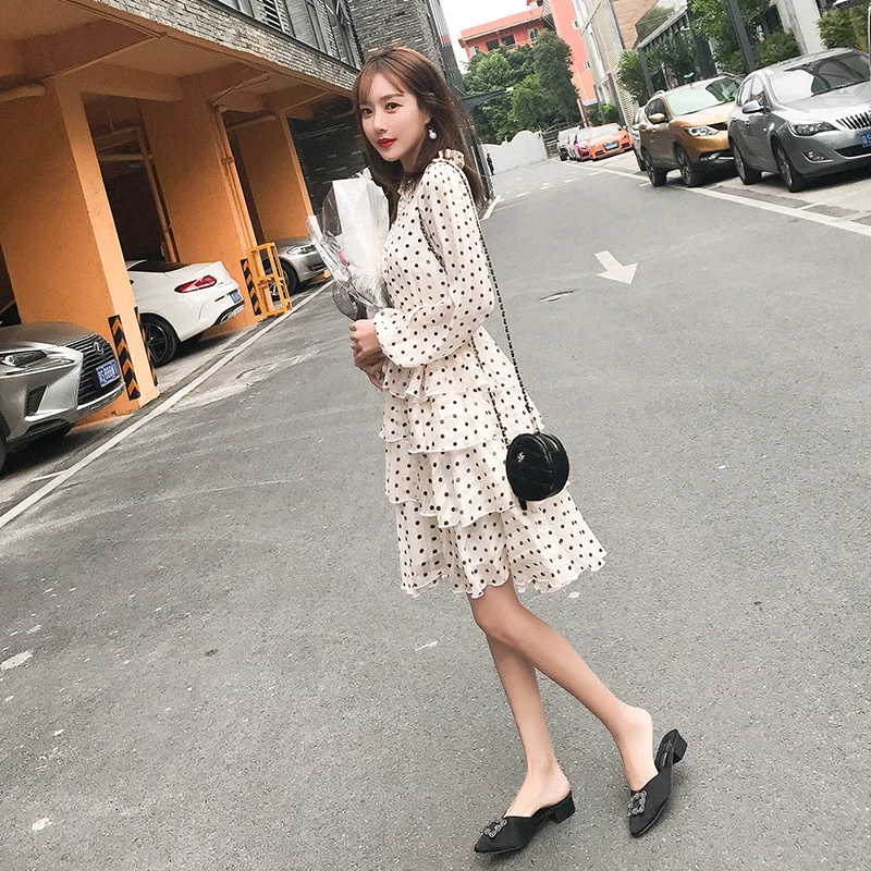 2019 Spring Fashion Women's Clothing Ruffles Dot Printing V-neck Dress Lantern Long Sleeves Button Chiffon Dresses | Женская одежда