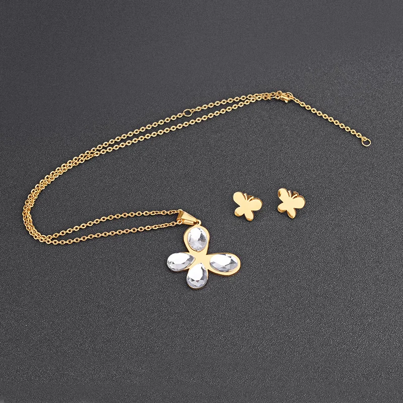 SOITIS Gold Color Stainless Steel 316L Butterfly Earrings Zircon Stone Pendant Necklace Sets 2019 Women Trendy Bridal Jewelry | Украшения и