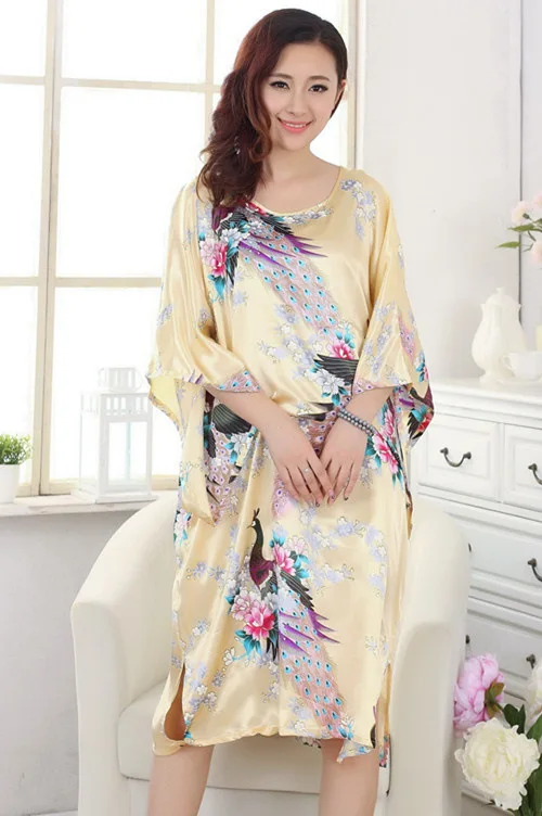 Женская ночная рубашка с павлиньими пятнами халаты из искусственного шелка