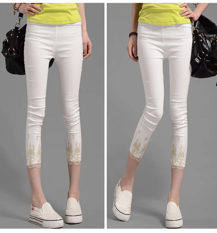 2018 корейские тонкие укороченные брюки женские летние кружевные лоскутные белые
