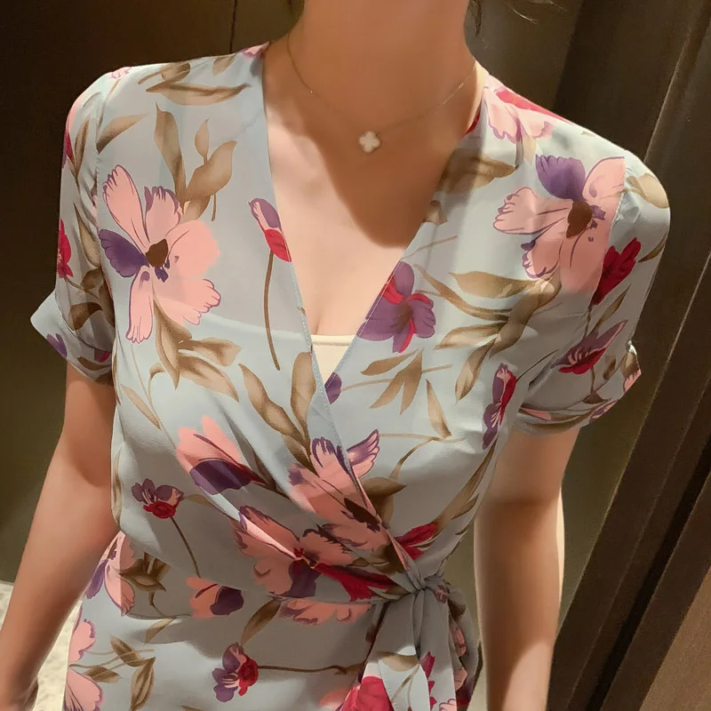Женское винтажное шифоновое платье с v образным вырезом и коротким рукавом