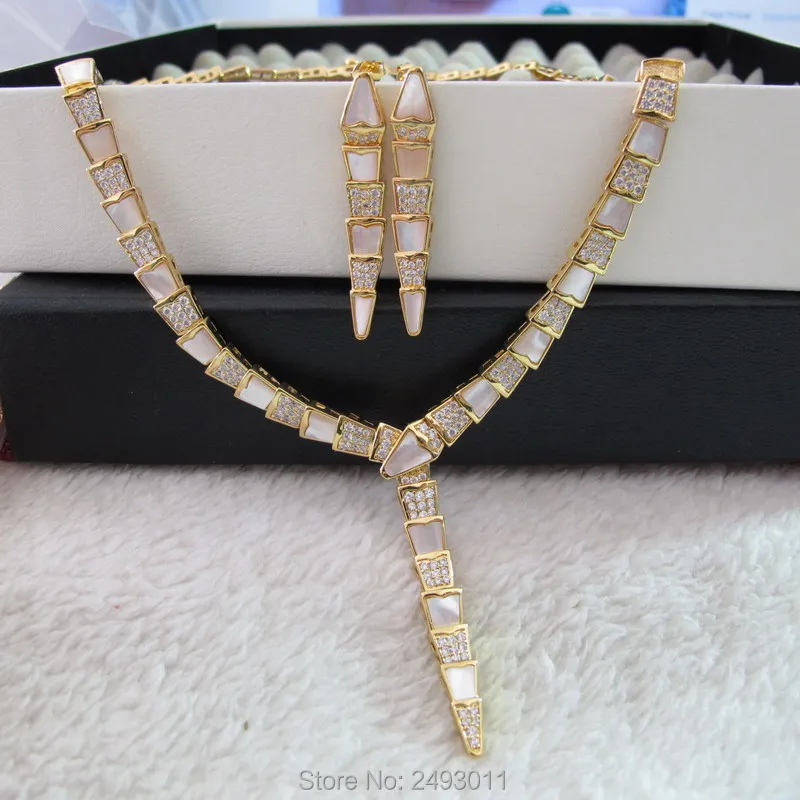 New full aaa zirconia mother of pearl natural stone choker necklaces and earrings jewelry sets for women party | Украшения и