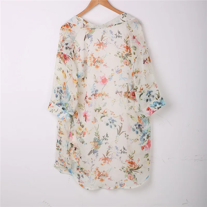 Vacation Fashion Sunscreen Open Stitch Women Chiffon Boho Kimono Flower 3/4 Sleeve Sunblock Jacket Top Blouse Cardigan Shirt |