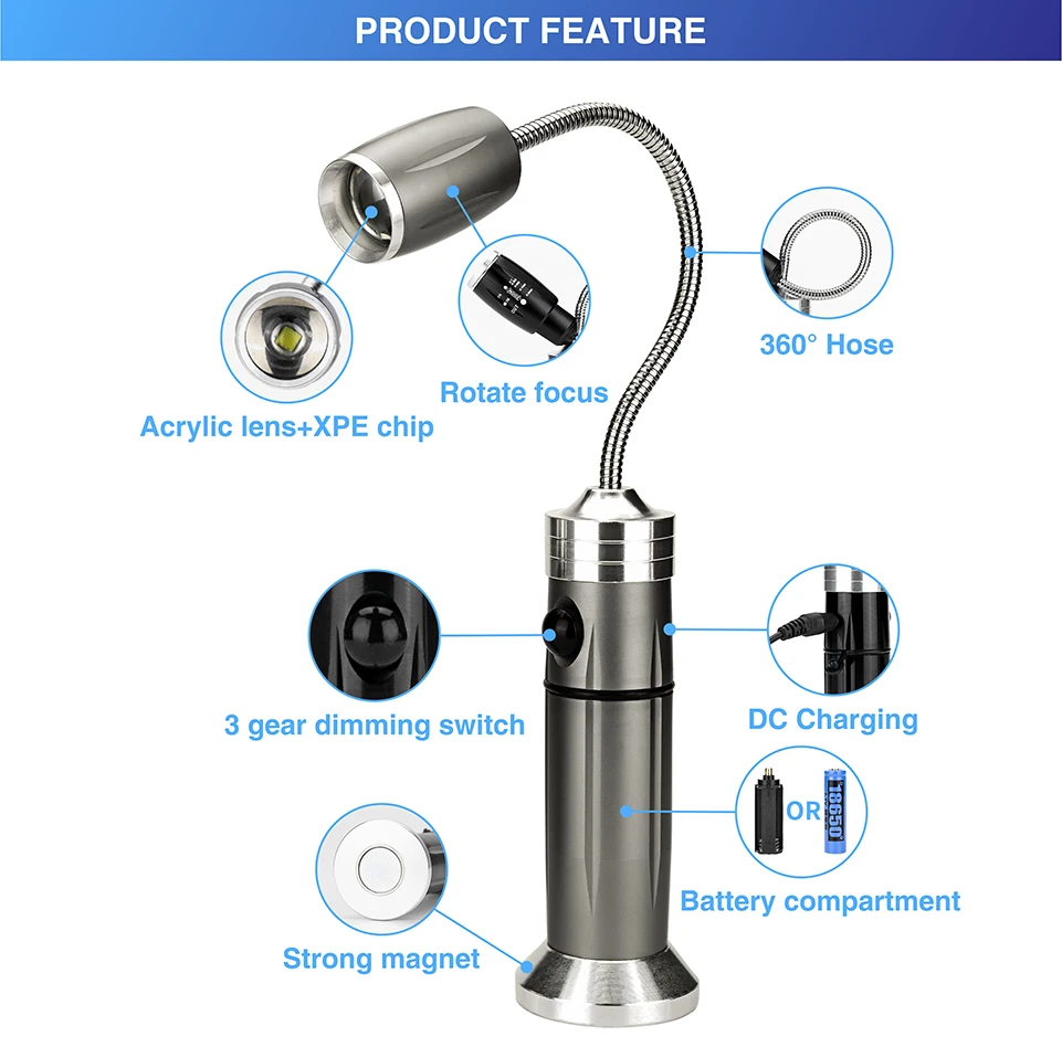 Portable LED Flashlight Multifunctional Waterproof Working Lamp Magnetic Base Flexible Gooseneck Adjustable Focus Light For BBQ