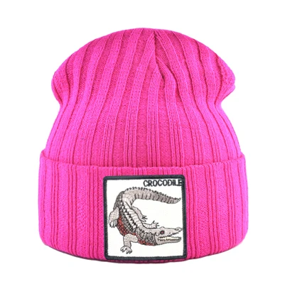 Pink Fashion Skullies Beanies Men Women Knitted Wool Hats With Crocodile Patch Double Layer Knitting Bonnet Cap Unisxe Streetwear Hat - Цвет: Pink
