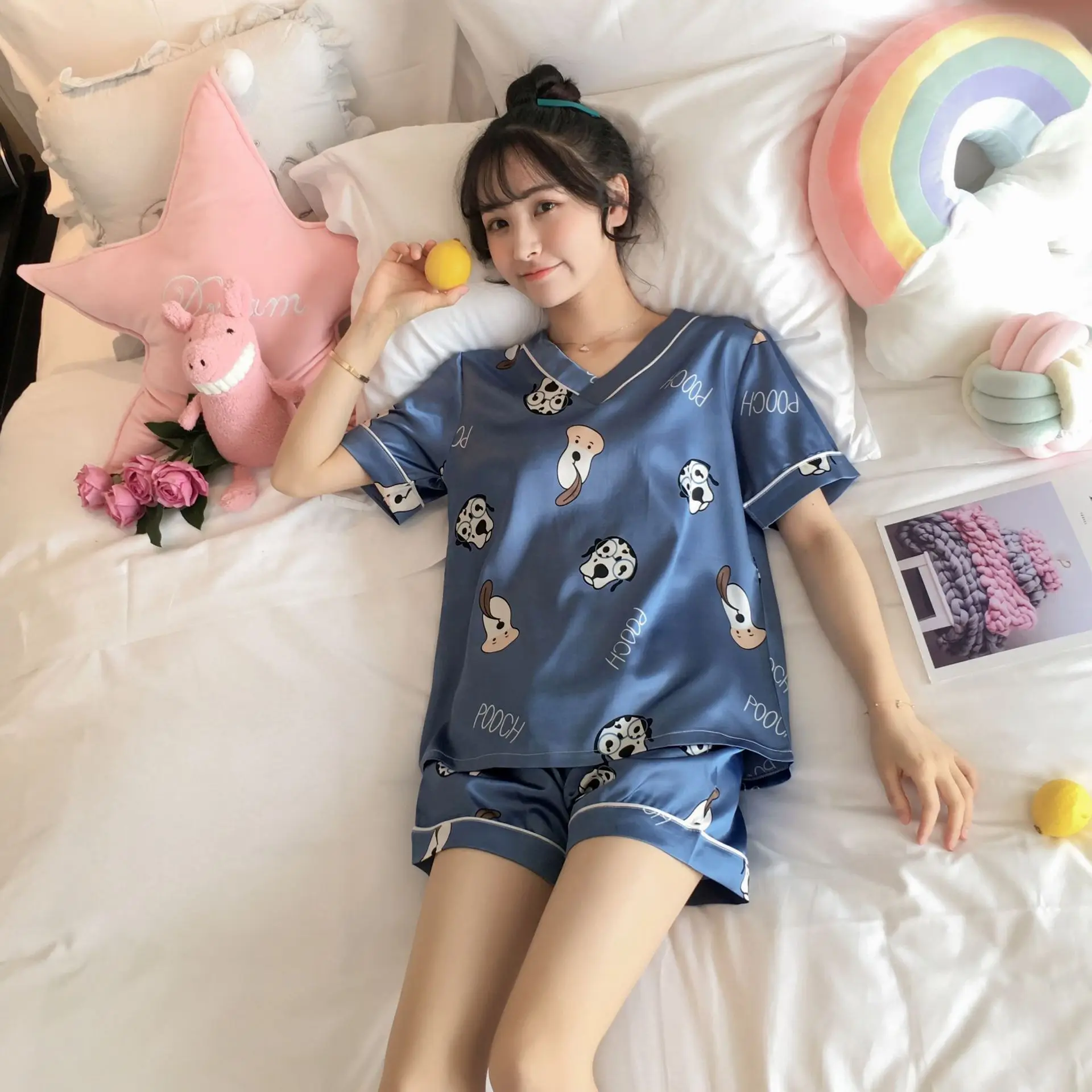G Pajama girls summer ice silk short sleeves two pieces of suit Korean fresh sweet lovely students thin silk home clothes - Цвет: G