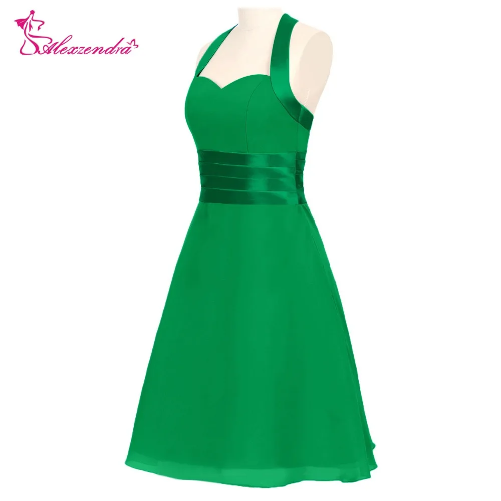 

Alexzдра А-силуэт шифоновое Дешевое короткое зеленое платье подружки невесты с лямкой на шее для свадьбы милое простое вечернее платье