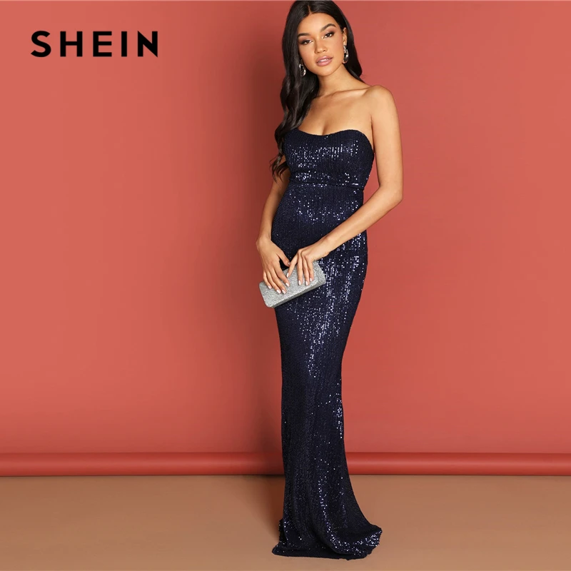 SHEIN темно-синее элегантное Сетчатое платье без бретелек с блестками, облегающее вечернее платье с высокой талией и молнией сзади, летнее женское платье для вечеринок