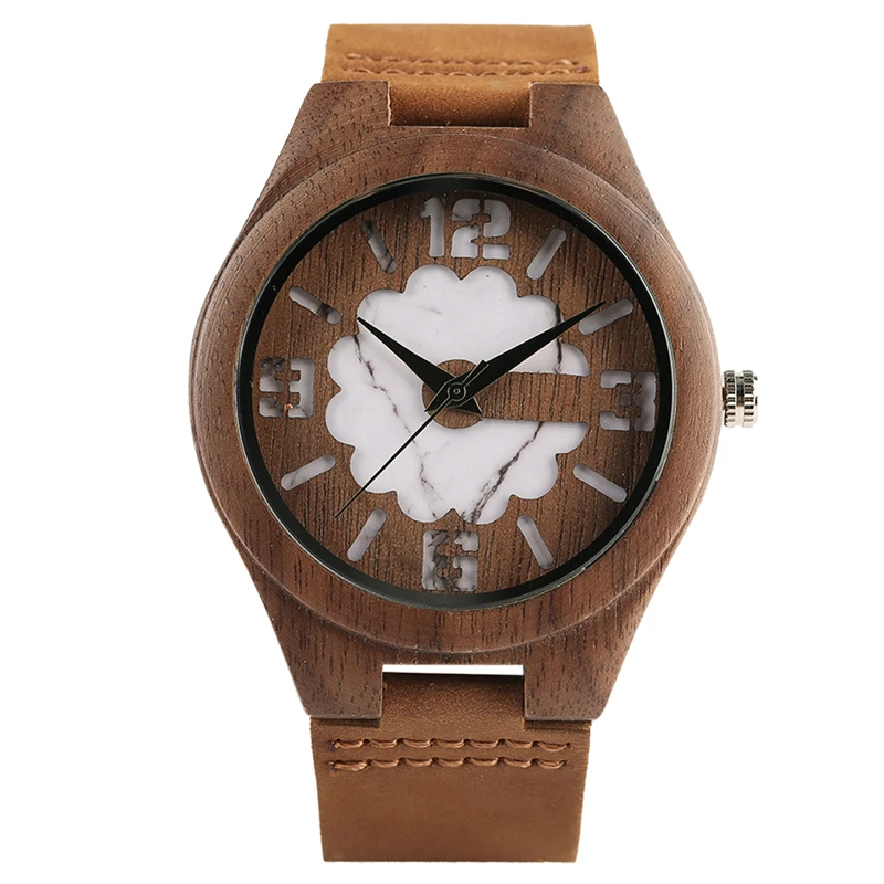 Коричневые кварцевые наручные часы с натуральным бамбуком минималистичные