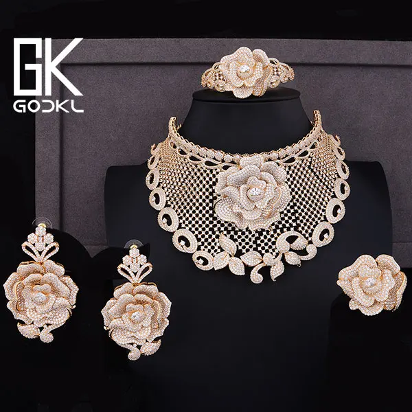 GOLD Godki роскошный кубический цирконий нигерийские комплекты ювелирных изделий для женщин свадебные Дубай Свадебные Ювелирные наборы африканские бусины ювелирные наборы - Окраска металла: GOLD