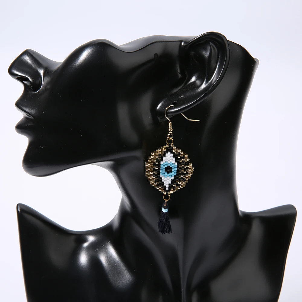 

Rttooas Fashion Evil Eye Satement Earrings Handmade Woven Long Tassel Stud Earrings for Women Miyuki Beads Summer Style