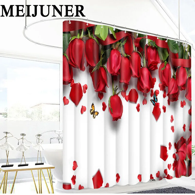 

Meijuner 3D Bathroom Red Rose Flower Waterproof Fabric Bathroom Shower Curtain Bedroom Valentine's Day Wedding Party Decoration
