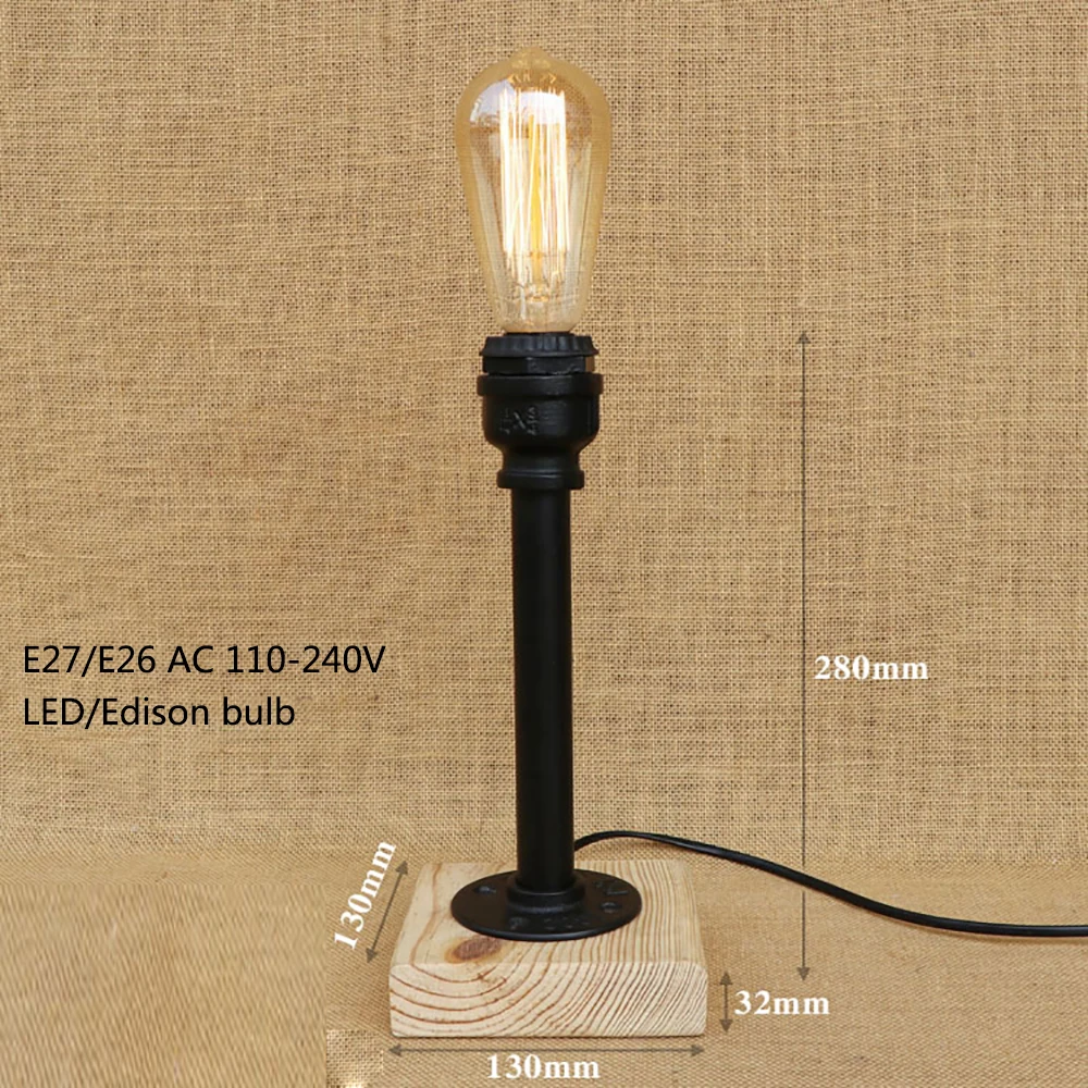 Черная винтажная деревянная настольная лампа в стиле стимпанк с выключателем