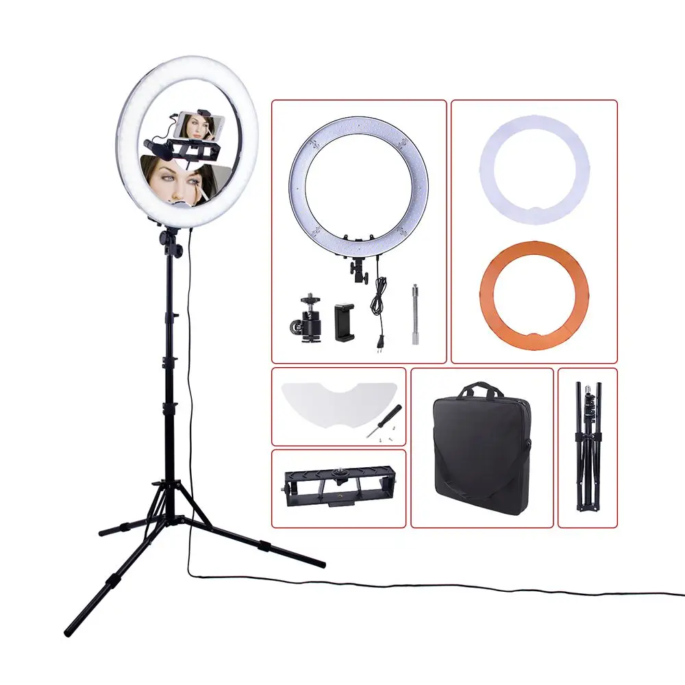 Fusitu 18 дюймов фотографический светильник ing Dimmable светодиодный видео кольцо с фотографией светильник зеркало телефон и держатель камеры портрет интервью макияж