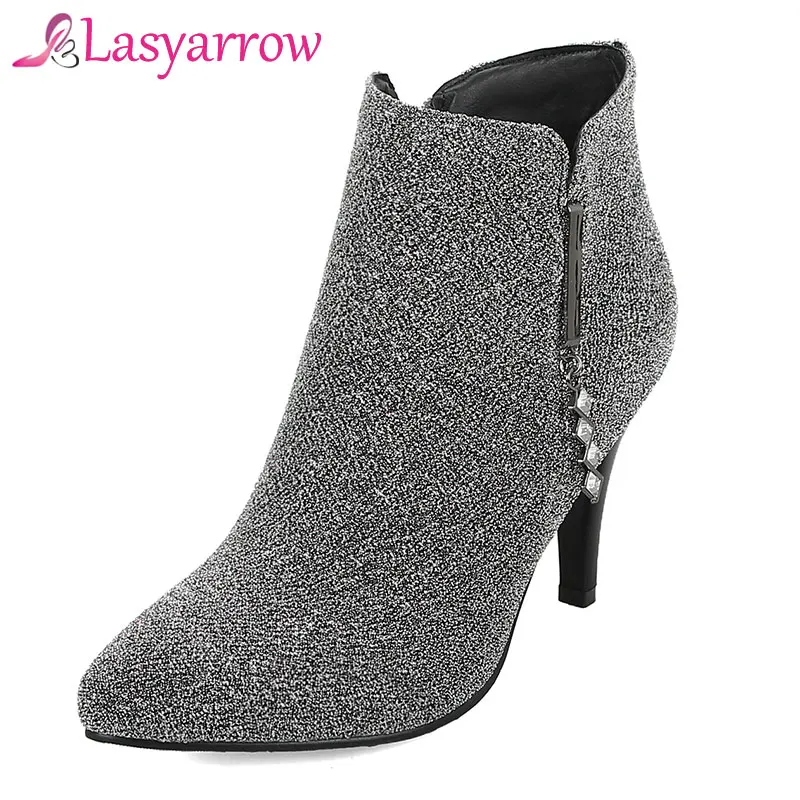 

Lasyarrow Zipper Botas Femininas High Heels Bling Bling Stretch Ankle Boots For Women Rhinestone Shoes Woman Lady Sapatos Mujer