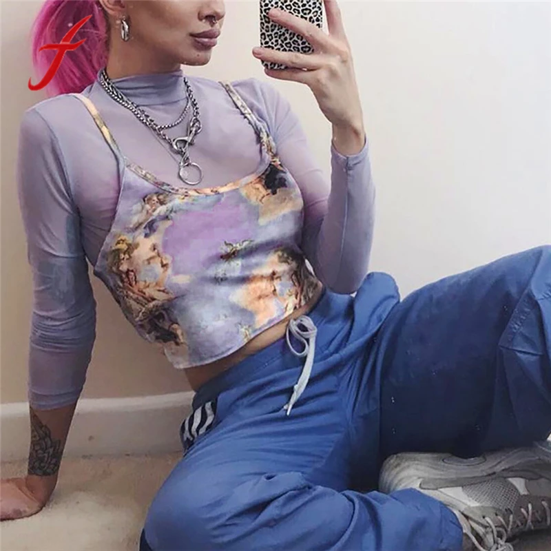 Harajuku Purple Tops Women Sexy Gothic Print Overlap Cross Sling Crop Summer New Fashion Purple Casual Top Vest
