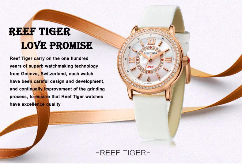 Reef Tiger/RT Популярные Элегантные женские часы, ремешок из телячьей кожи, циферблат со шваброй, часы Ronda 763, кварцевые часы с бриллиантами RGA1563