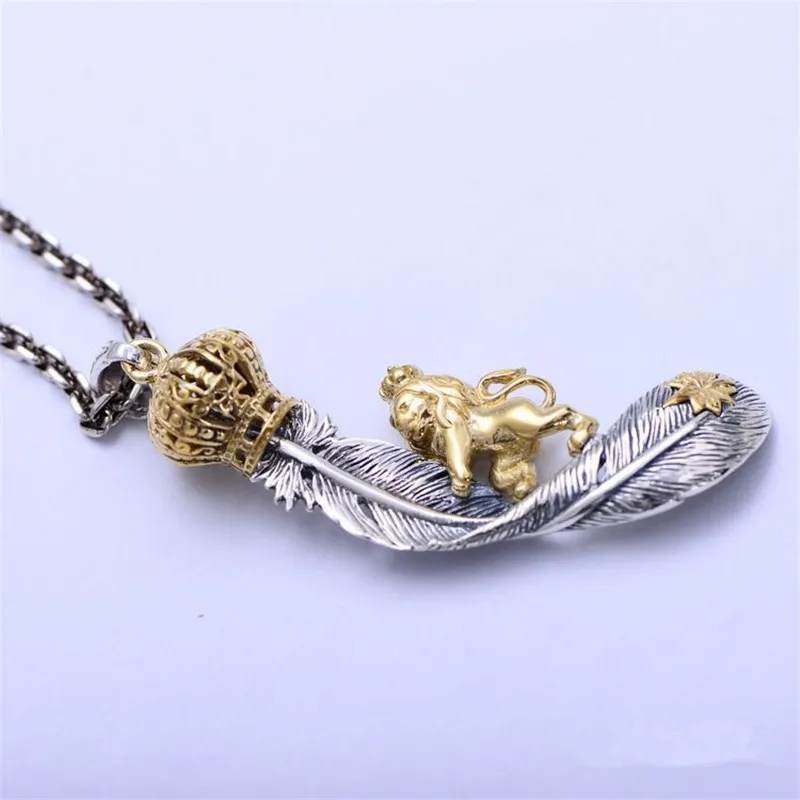 BESTLYBUY, 925 пробы, серебряная Ретро Корона, Лев, кулон в виде пера, для ожерелья, для мужчин, тайское серебро, хорошее ювелирное изделие, подарок без цепочки